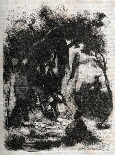Rodomont och Mandricards ankomst till Merlins fontän - gravyr från 1851 från "" Roland furieux"" (Orlando furioso) (1500-talet) av Ludovico Ariosto, känd som Ariosta - Upplaga översatt från italienska av greven av Tressan och publicerad av av Unknown artist
