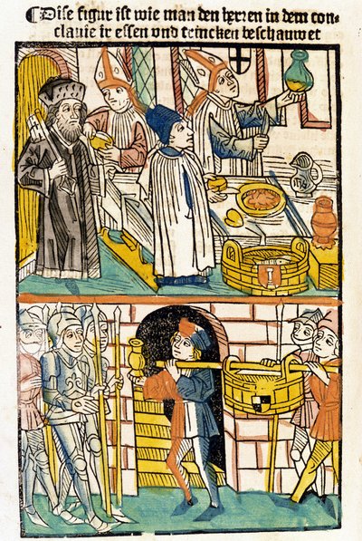 Ankomst av mat så att medlemmarna av konciliet i Konstanz (1417) under vilket påven Martin V valdes kunde äta. "Das Concilium" av Unknown artist
