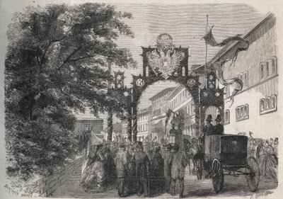 Ankomst av imponen Elisabeth av Österrike (Sissi) (Elisabeth av Österrike) i Bad Kissingen (Spa) 1865 - gravyr i "The Illustrous World" från 1865 av Unknown artist