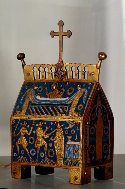 Konstobjekt: relikvieskrin i emalj, guld och koppar av Saint Thomas Becket (1118-1170), ärkebiskop av Canterbury. Den är dekorerad för representationer av mordet på arkeveken den 29/12/1170 i Cathedrale of Cantorbery och dess begravning. 1200-talet av Unknown artist