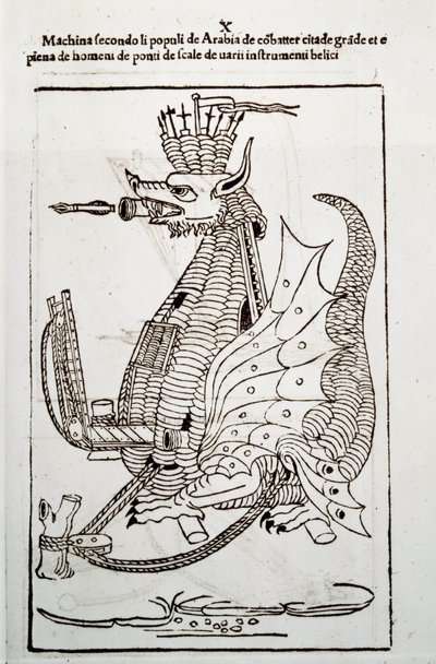 Krigskonst: studie om militärmaskineri. "" Arabica machina"", arabisk maskin för att belägra en stad, illustration från 