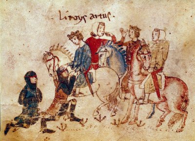 Arthurian Legend: "" King Arthur mjukgörande riddare (Meliadus (eller Meliodas), Esclabor och Arfasar (eller Arphasar)"" Miniatyr från "" Meliadus, bror till Tristan"" 1300-talets Venedig Biblioteca Marciana av Unknown artist