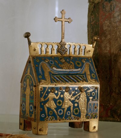 Konstverk: relikvier i e-post, guld och koppar av Saint Thomas Becket (1118-1170), ärkebiskop av Canterbury - Det är dekorerad för representationer av mordet på ärkebiskopen den 29/12/1170 i Cantorbery Cathedral och hans begravning (emalj, gyllene och co av Unknown artist
