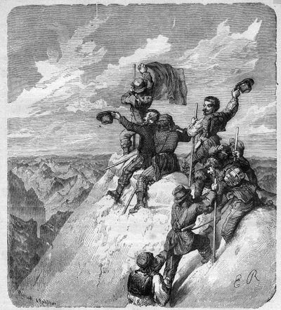 Ascension of the Illimani (6.439 m) (Nevado Illimani, toppen av Paris) av Charles Wiener (1851-1913) fransk upptäcktsresande och diplomat och hans följeslagare - gravering i "" journal des voyages""" 1887 av Unknown artist