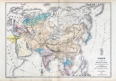 Asien vid tiden för den största omfattningen av mongolisk dominans under Qubilai (Kubilai Khans styre) (1260-1294) - Karta utarbetad av M J-H Schnitzler, Historisk och pittoresk atlas 1857 av Unknown artist