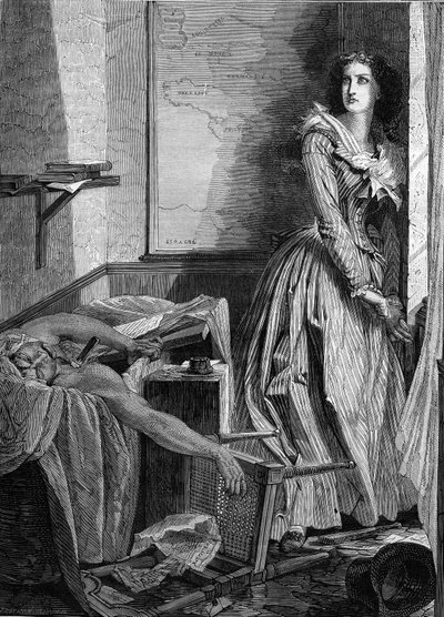Mordet på Jean Paul Marat (1743-1793) av Charlotte Corday (1768-1793), den 13 juli 1793 i Paris. Gravyr från 1860. av Unknown artist