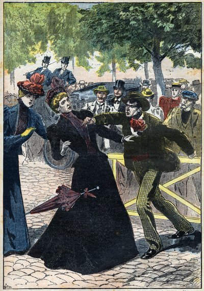 Mordet på imponen Elizabeth av Österrike (Sissi) av den italienske anarkisten Luccheni i Genève 1898. Illustration från 1898. Privat samling - Mordet på kejsarinnan Elisabeth av Österrike (Sissi) av den italienske anarkisten Luigi Lucheni, i Gen. av Unknown artist