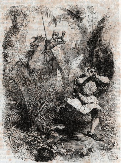 Astolphe får Caligorant att fly - 1851 gravyr från "" Furious Roland"" (Orlando furioso) (1500-talet) av Ludovico Ariosto, känd som Ariosto - Edition översatt från italienska av greven av Tressan och publicerad av Gustave Harvard 1851 av Unknown artist