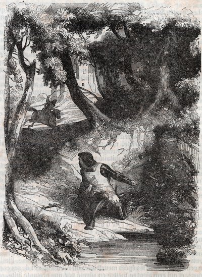 Astolphe på kanten av en fontän - gravyr från 1851 från "" Furious Roland"" (Orlando furioso) (1500-talet) av Ludovico Ariosto, känd som Ariosta - Upplaga översatt från italienska av greven av Tressan och publicerad av Gustave Harvard 1851 av Unknown artist