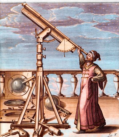 Astronom observerar himlen med ett teleskop - från: Johannes Hevelius (1611-1687), Selenographia, sive Lunae descriptio (Selenography, or A Description of the Moon) av Unknown artist