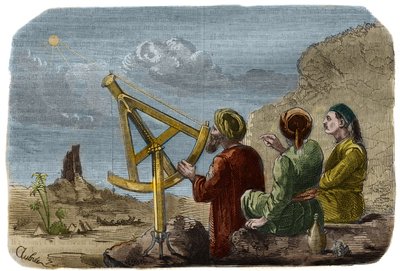 Astronomi: Arabiska forskare höjer solens höjd i Babylons slätt runt 825. De använder en kvartscirkel med stift. Gravyr från 1857 i "" Le Musee Des Sciences"" av Unknown artist