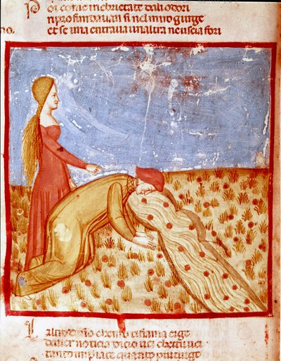 Vid ingången till Paradiset möter Dante Mathelda och dricker vatten från Eunoefloden, vilket gör minnet av goda saker fullbordat. Upplyst sida som illustrerar en sång om Paradiset från "Divina Commedia" av Dante Alighieri (1265-1321). 14:e c av Unknown artist