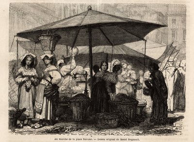 Vid foten av Piazza Navona, Rom (Italien). Gravyr för att illustrera resan till Rom, av Francis Wey, 1864-1868, publicerad i "Le tour du monde, nouveau journal des voyages", under ledning av Edouard Charton av Unknown artist