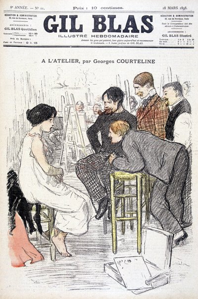 På workshopen av Georges Courteline. Man tittar på en kvinna poserar i en verkstad. I "" Gil Blas"", den 18/03/1898. av Unknown artist