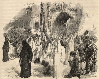 Försoningståg för upphörande av gula febern i Lissabon, Portugal 1857. Gravyr i "Le Monde illustrious"" från 1857. Privat samling. av Unknown artist
