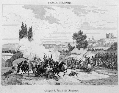 Attack och fångst av Saumur. 1800-talsgravyr. av Unknown artist