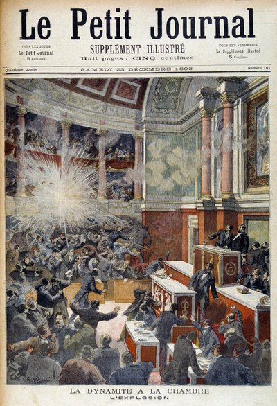 Attack i deputeradehuset. Explosion orsakad av en bomb från anarkisten Auguste Vaillant (1861-1894). i "" Le Petite journal"", 1893-12-23 av Unknown artist