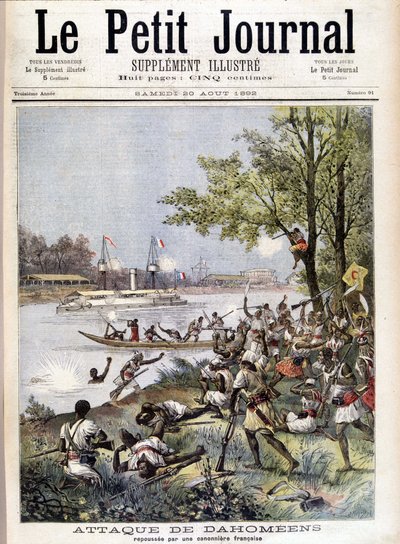 Attack av dahoméaner som avvisades av en fransk kanonbåt - i "" Le Petité Journal"" av 1892-08-20 av Unknown artist