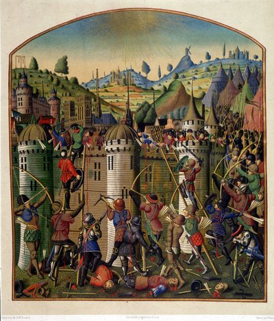 Attack av Philippe Augustes slott med utsikt över Paris och Montfaucon-galgen under 100-åriga kriget, mitten av 1400-talet. av Unknown artist