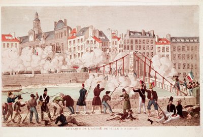 Attack av rådhuset i Paris och slaget vid bron i Arcola, 28 juli 1830 (gravyr) av Unknown artist