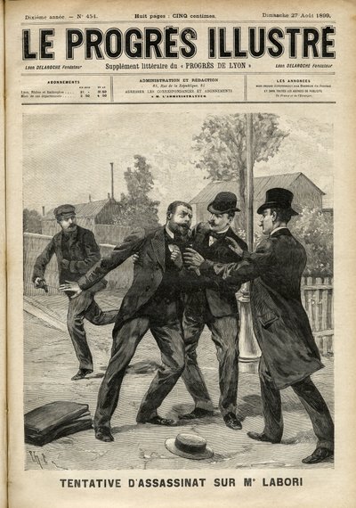 Attacken mot Fernand Labori (1860-1917), en advokat i Alfred Dreyfus (1859-1935) försvar, slog till med en kula i ryggen i Rennes när han var på väg till platsen där målet avgjordes. Omslag till "The Progres Illustré"" från augusti 1899 (gravi av Unknown artist