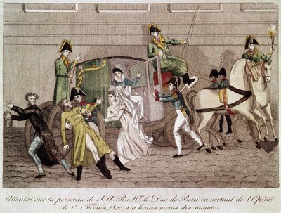 Attack på hertigen av Berry av Louis Pierre Louvel när han lämnade operan den 13 februari 1820. Gravyr 1800-talet. av Unknown artist