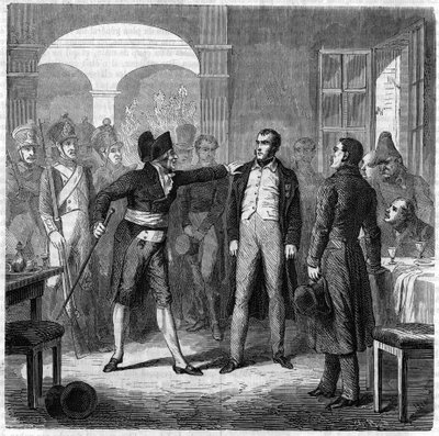 Försök till uppror mot staden Toulon: arrestering av Carbonaro (kolmakare) Armand Valle, före detta kapten för Napoleon Armees 1822. av Unknown artist