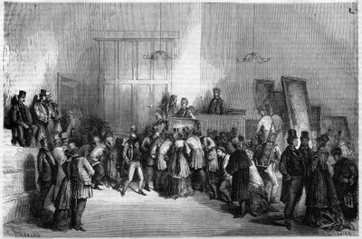 Auktionsrum i Paris: Försäljning av målningar på auktionsförrättarnas (auktionsförrättare eller auktionsförrättares) hotell. Gravyr i "" The Illustrious Universe"" av Unknown artist