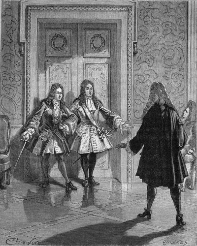 Augusti 1718: Saint Simon (Saint-Simon) (Louis de Rouvroy, hertig av) (1675-1755) blockerar passagen till hertigen av Maine (Louis Auguste (Louis-Auguste) av Bourbon) (1670-1736). Gravyr av 1800-talet. I "Frankrikes historia" av Jules Michelet av Unknown artist
