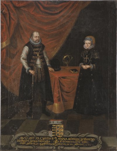Auguste I, electeur de Saxe et princesse Anne du Danemark - Porträtt av Augustus (1526-1586), kurfursten av Sachsen och Anne av Danmark (1532-1585), kurfursten av Sachsen, Anonym . Olja på duk. Mått: 103x79,5 cm. Nationalmuseum Stockholm av Unknown artist