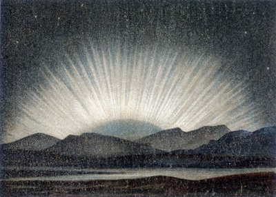 Aurora borealis den 6 augusti 1871, studerade vid Royal Observatory i Edinburgh vid midnatt, vid månuppgången - enligt J. Hann "" General Geology"" av Unknown artist