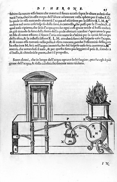 Automatisk mekanism designad av Heron of Alexandria (den äldre) (1:a århundradet) för att öppna och stänga dörrarna till ett tempel. Heron, Spiritalia av Unknown artist