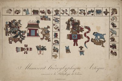 Aztekiskt hieroglyfiskt manuskript i Vatikanens bibliotek (litografi) av Unknown artist