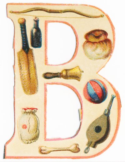B: rosett, baseballträ, flaska, brioche, klocka, ballong, ben, väska, bälg (färg litho) av Unknown artist