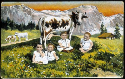 Bebisar envisa en ko av rör - Vykort, sent 1800-tal av Unknown artist