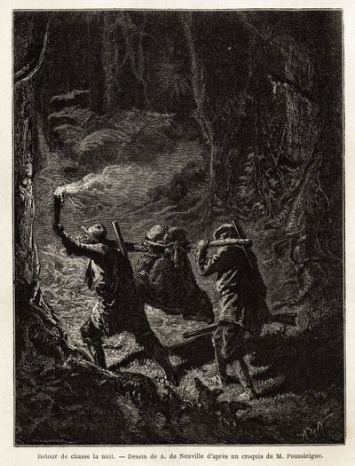 Tillbaka från jakt på natten binds bytet, en björn, upp och hängs upp i en gren som jägarna bär på axeln. Gravyr för att illustrera berättelsen Quatre mois en Florida, av M. Pousselgue, 1851-1852, publicerad i "" le tour du monde", under av Unknown artist
