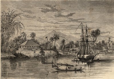 Bangalow, hem för Sir James Brooke, känd som Rajah of Sarawak (1803-1868) Brittisk äventyrare första vita rajah av Sarawak i närheten av Sarawak (Borneo). Gravyr i ”Le Monde illustrious”” från 1857. Privat samling. av Unknown artist