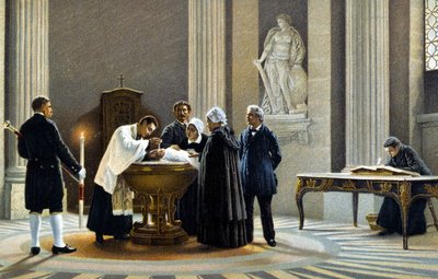 Dop av en bebis i en kyrka. 1800-talets kromolitografi. av Unknown artist