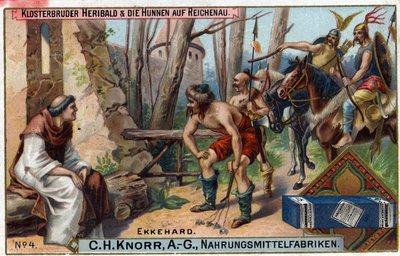 Barbarian invasioner - Ekkehard IV av St. Gallen (St. Gall) eller Eckhard, Eckhart (980 -1057) erudit, och latin poet.Broder Heribald och hunnerna har Reichenau. På ön Reichenau var endast bror Heribald, en liten enkel munk, kvar under av Unknown artist