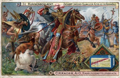 Barbarian invasioner - Historien om Ekkehard IV av St. Gallen eller Eckhard, Eckhart (980 -1057) erudit och latinsk poet. Hunnernas strid. En unik strid mellan Ellak och den äldste av Heidenhohle. av Unknown artist
