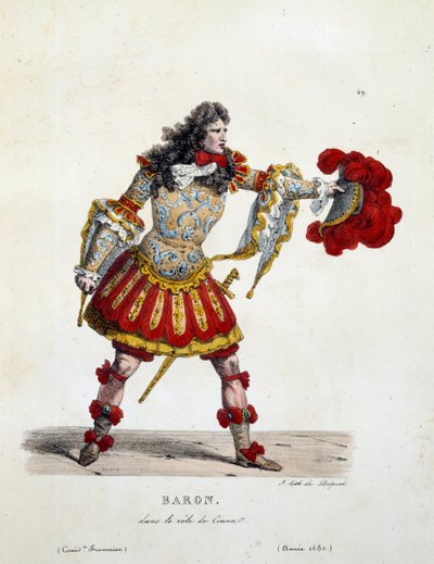 Baronkostym i rollen som Cinna 1680. Kostym av fransk komedi av Hippolyte Lecomte (1781-1857). Gravyr av 1800-talet. Coll. Nu går vi. av Unknown artist