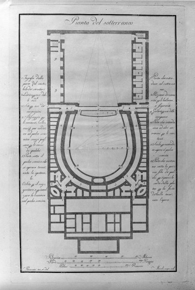 Källarplan för teatern de la Scala i Milano ca. 1776-1778 Italien (Teatro alla scala) (Arkitektonisk karta över tunnelbanan av teatern i Scala, Milano) Gravyr av Unknown artist