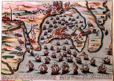 Battle Plan of Cales Males (Spanien) den 30 juni 1596. Den holländska och engelska arméns flotta går in som vänner i Cales Males med 180 fartyg. Nästa dag den 1 juli, överraskade av förräderi, var de tvungna att överge staden med skam. Gravyr av Unknown artist