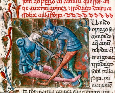 Strid mellan Rodrigo Diaz de Vivar dit Le Cid (1043-1099) och Martin Gomez. Miniatyrbild "" Chronicles of Spain"" av Unknown artist