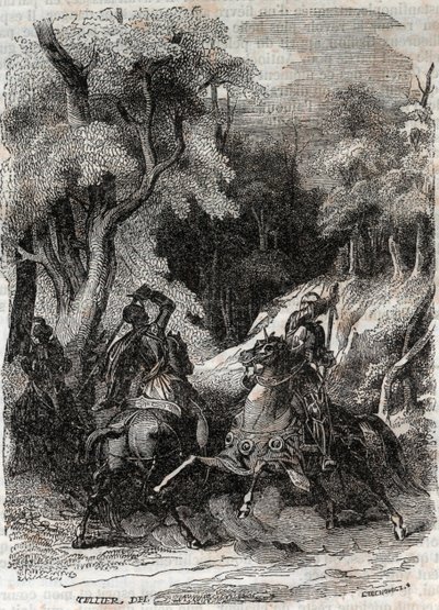 Slaget mellan Roland och Ferragus - gravyr från 1851 från "" Furious Roland"" (Orlando furioso) (1500-talet) av Ludovico Ariosto, känd som Ariosta - Edition översatt från italienska av greven av Tressan och publicerad av Gustave Harvard 1851 av Unknown artist