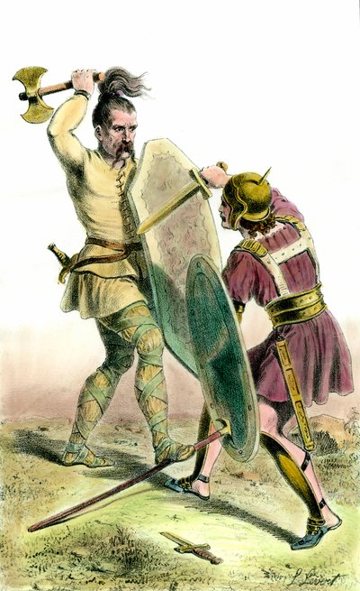 Strid mellan en francsoldat och en romersk soldat. 1800-talsgravyr privat samling av Unknown artist