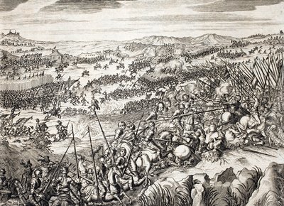 Slaget vid Gembloux (1578) (Slaget vid Gembloux) Spansk armé mot armén av 16 av de sjutton provinserna i Nederländerna - gravyr i "Histoire De La Guerre Des Paisles-Bas" av Famiano Strada (1572-1649) av Unknown artist