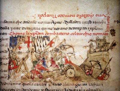 Slaget vid Nicopolis: de kristnas nederlag av Bayazid I (Turkiet), den 28/09/1396 - i "" Croniche del Sercambi"", cirka 1400. Nationalarkivet, Lucca. av Unknown artist