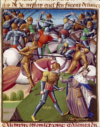 Slaget om kejsar Othon I:s soldater (Otton eller Othon I, 912-973). Miniatyr i "" Den historiska spegeln"" (Historiskt spekulum) av Vincent de Beauvais (1190-1264) översatt till franska av Jean de Vignay av Unknown artist