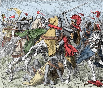 Battle on the Elster: Rudolf of Swabia Mortally Wounded - Revolt of the Saxons (1073-1075): Rodolph of Rheinfelden (ca 1025-1080), hertig av Schwaben och antiking av romarna sårades dödligt i ett slag nära Elster, mot Henrik IV:s trupper av Unknown artist